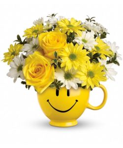 Be Happy Bouquet of yellow and white flowers in smiley face mug